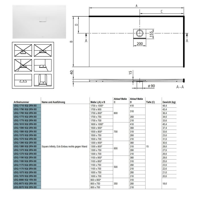 Villeroy & Boch Squaro Infinity Duschwanne 80 x 80 cm für Eck-Einbau rechts