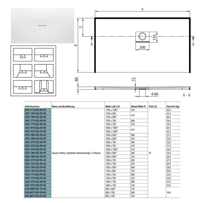 Villeroy & Boch Squaro Infinity Duschwanne 130 x 80 cm für flächenbündige Installation