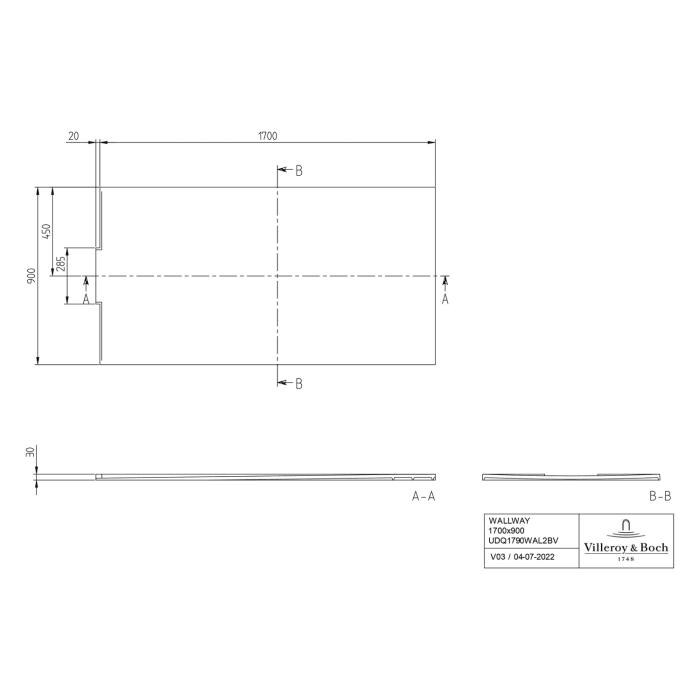 Villeroy & Boch Wallway Duschwanne 170 x 90 x 3 cm