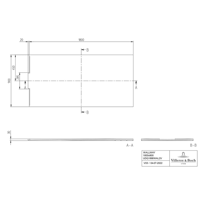 Villeroy & Boch Wallway Duschwanne 180 x 90 x 3 cm
