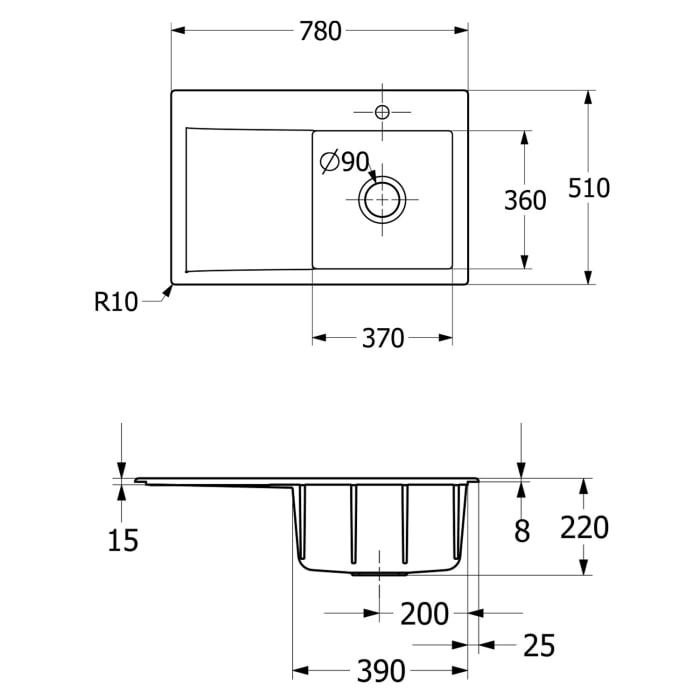 Villeroy & Boch Subway Style 45 Einbauspüle, Ablaufgarnitur mit Handbetätigung, Becken rechts