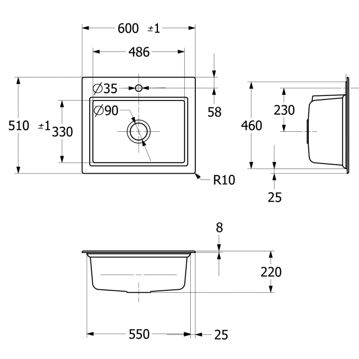 Villeroy & Boch Subway Style 60 S Einbauspüle, Ablaufgarnitur mit Excenterbetätigung, inkl. Abtropfgitter