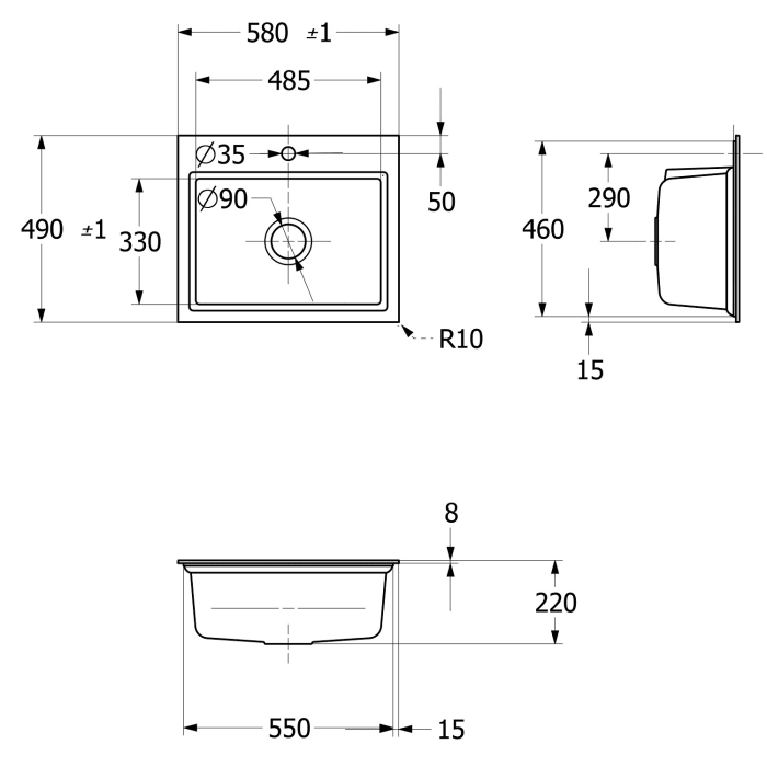 Villeroy & Boch Subway Style 60 S FLAT flächenbündige Spüle, Ablaufgarnitur mit Excenterbetätigung, inkl. Abtropfgitter