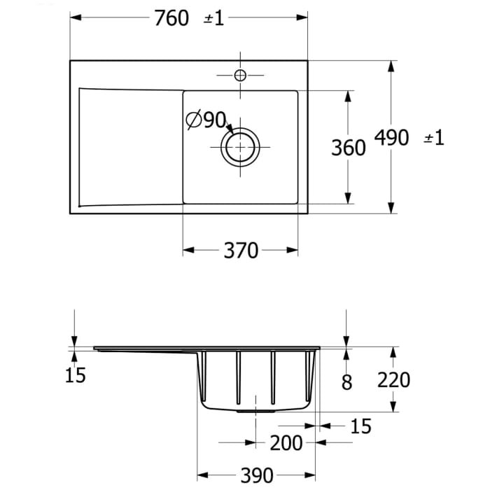 Villeroy & Boch Subway Style 45 FLAT flächenbündige Spüle, Ablaufgarnitur mit Handbetätigung, Becken rechts