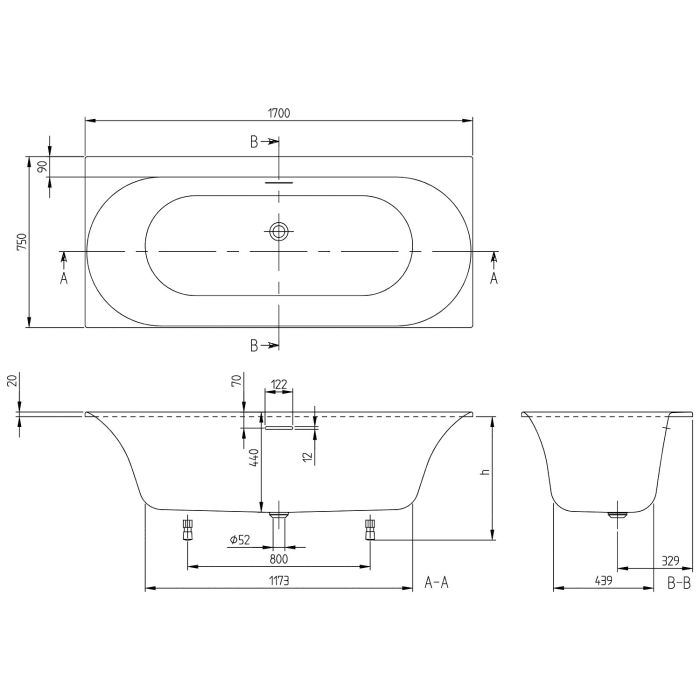 Villeroy & Boch Loop & Friends Oval Duo Badewanne 170 x 75 cm, Airpool Entry, Technik Position 2 inkl. Wasserzulauf