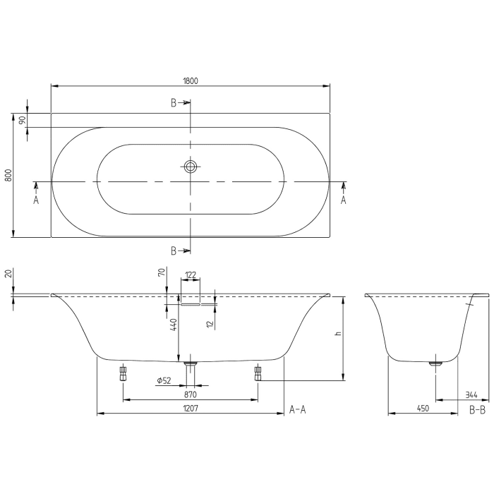 Villeroy & Boch Loop & Friends Oval Duo Badewanne 180 x 80 cm, Airpool Entry, Technik Position 2 inkl. Wasserzulauf