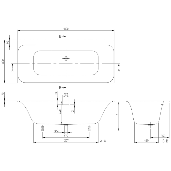 Villeroy & Boch Loop & Friends Square Duo Badewanne 180 x 80 cm, Combipool Entry, Technik Position 1