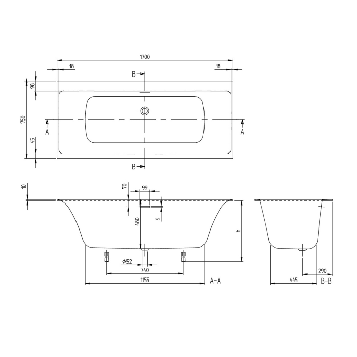 Villeroy & Boch Subway 3.0 Duo Badewanne 170 x 75 cm, Hydropool Comfort, Technik Position 1