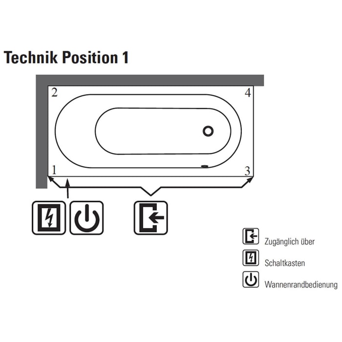 Villeroy & Boch Oberon 2.0 Solo Badewanne 180 x 80 cm, Hydropool Entry, Technik Position 1, mit Trio Ablauf