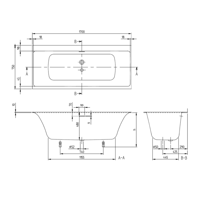 Villeroy & Boch Subway 3.0 Duo Badewanne 170 x 75 cm, Hydropool Entry, Technik Position 2 + SilentFlow