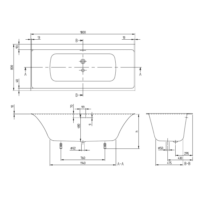 Villeroy & Boch Subway 3.0 Duo Badewanne 180 x 80 cm, Hydropool Entry, Technik Position 2 + SilentFlow