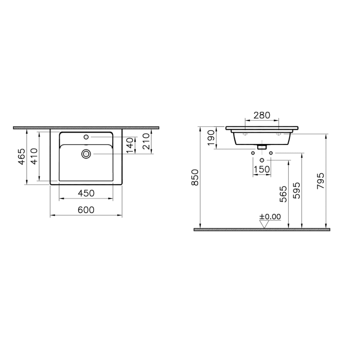 VitrA Integra Möbelwaschtisch 60 cm, mit Überlaufloch, 1 Hahnloch mittig