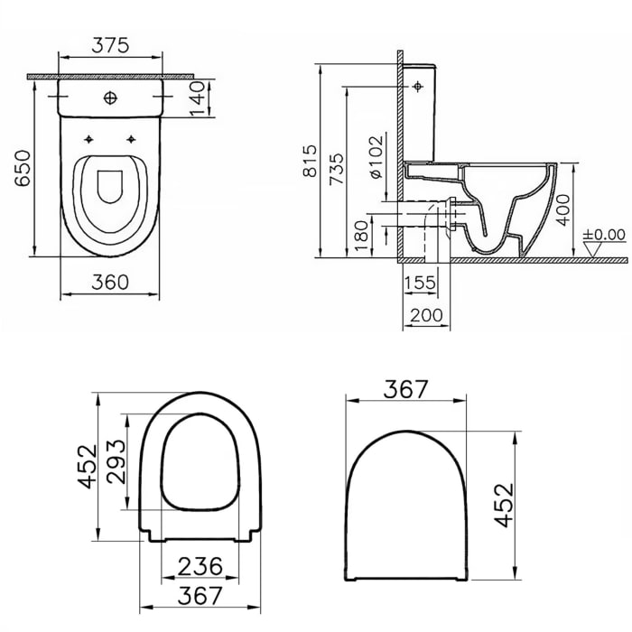 VitrA Sento Stand-WC-Set VitrA Flush 2.0 Tiefspüler ohne Spülrand mit WC-Sitz und Aufsatzspülkasten