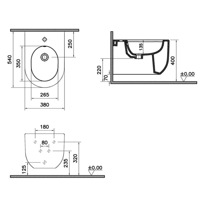 VitrA Liquid Wand-Bidet, 1 Hahnloch und Überlaufloch