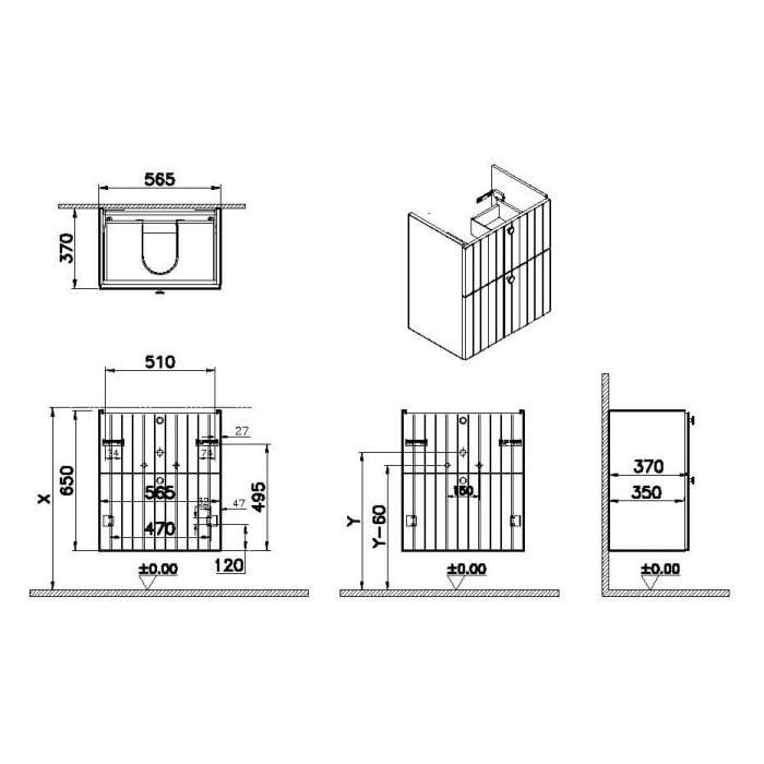 VitrA Root Groove Waschtischunterschrank Compact 56,5 x 65 cm, 2 Vollauszüge
