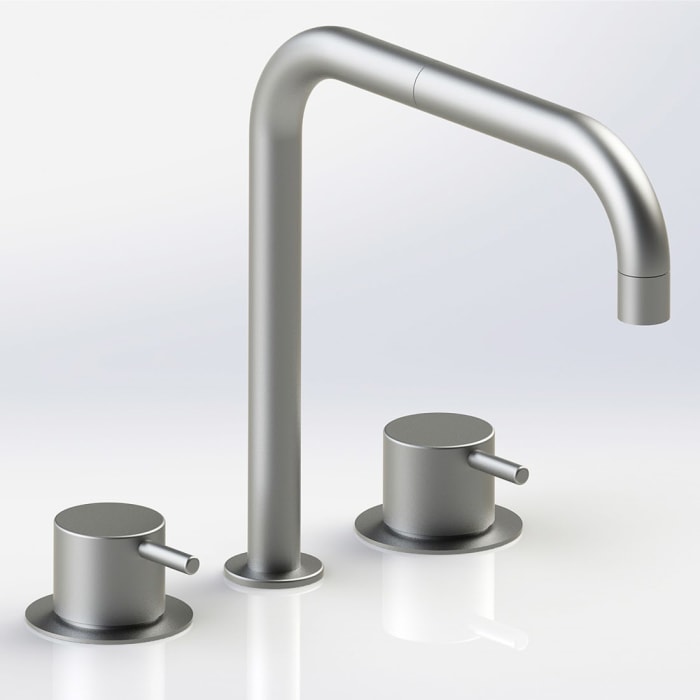 Vola Waschtisch-Dreiloch-Zweigriffmischer mit Doppelschwenkauslauf, Ausladung 20 cm