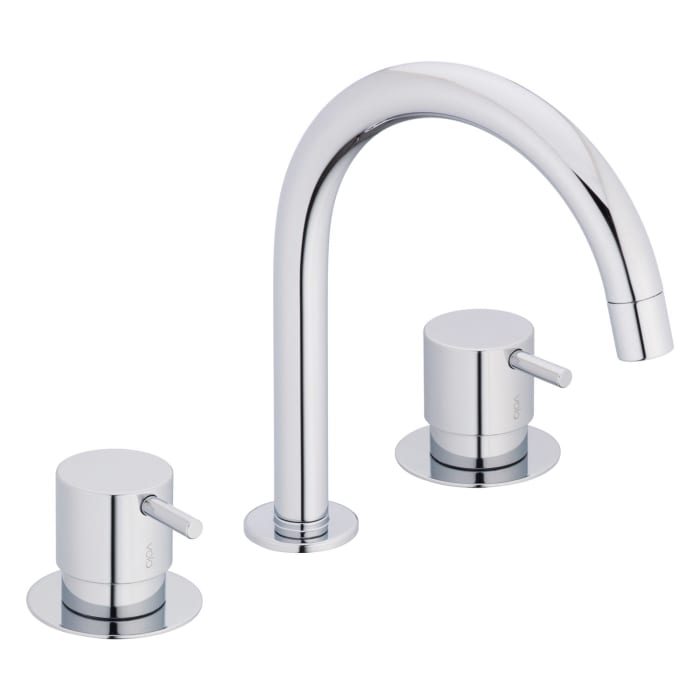 Vola Waschtisch-Dreiloch-Zweigriffmischer mit Schwenkauslauf, Ausladung 14,2 cm