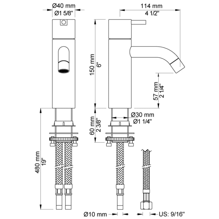 Vola Waschtisch-Eingriffmischer mit festem Auslauf, Ausladung 11,4 cm