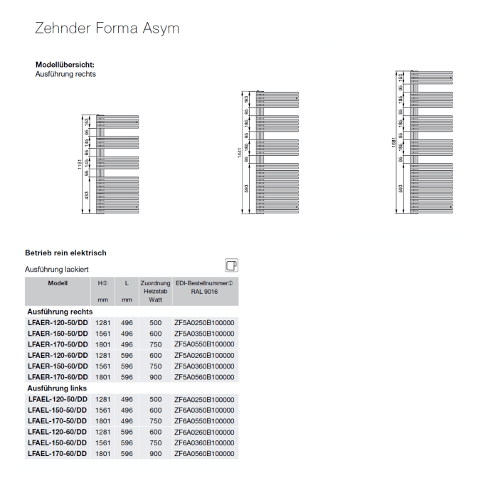Zehnder Forma Asym LFAEL-150-50/GD Handtuchwärmer 49,6 x 156,1 cm links mit RACY-C