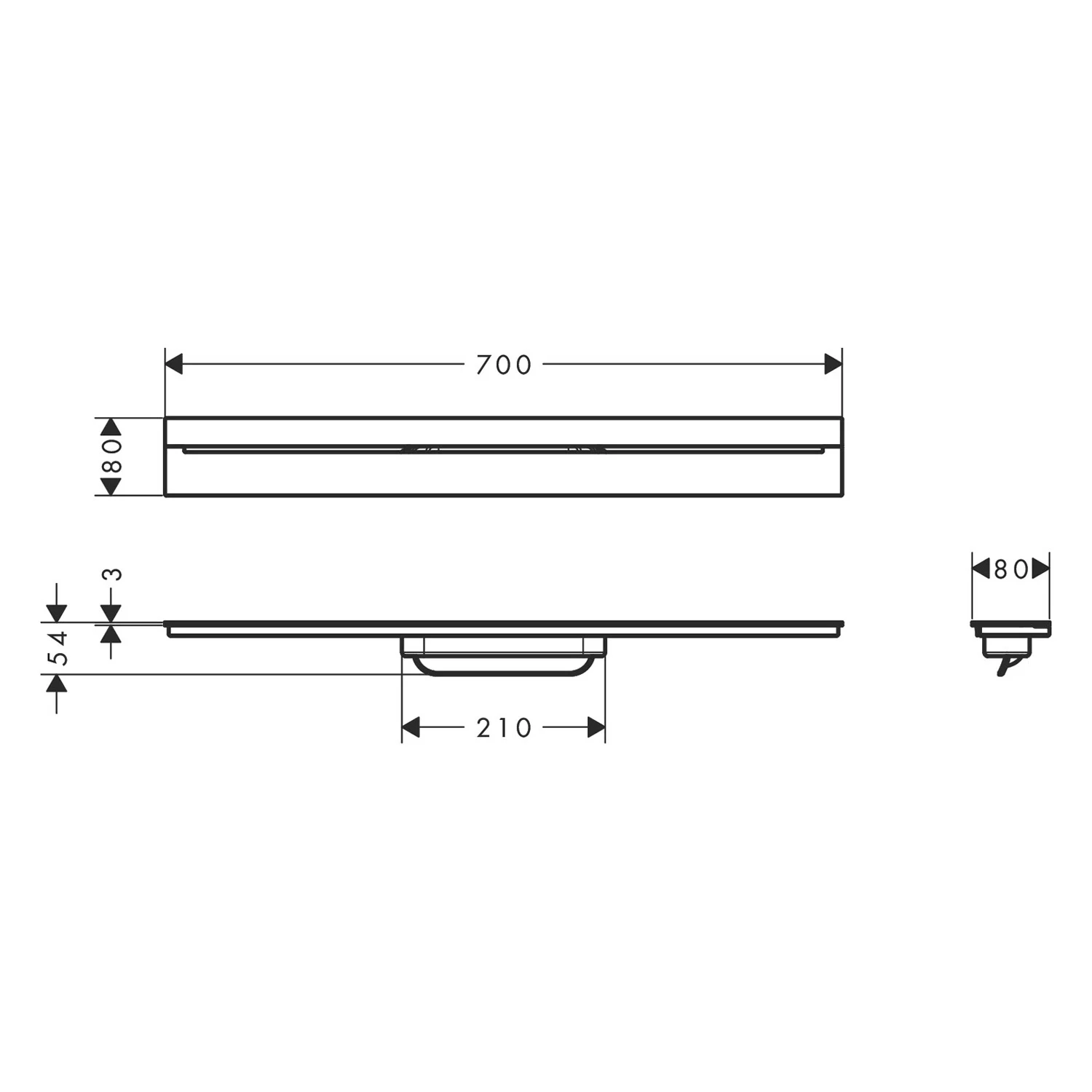 Rysunek techniczny odpływu prysznicowego 70 cm, hansgrohe