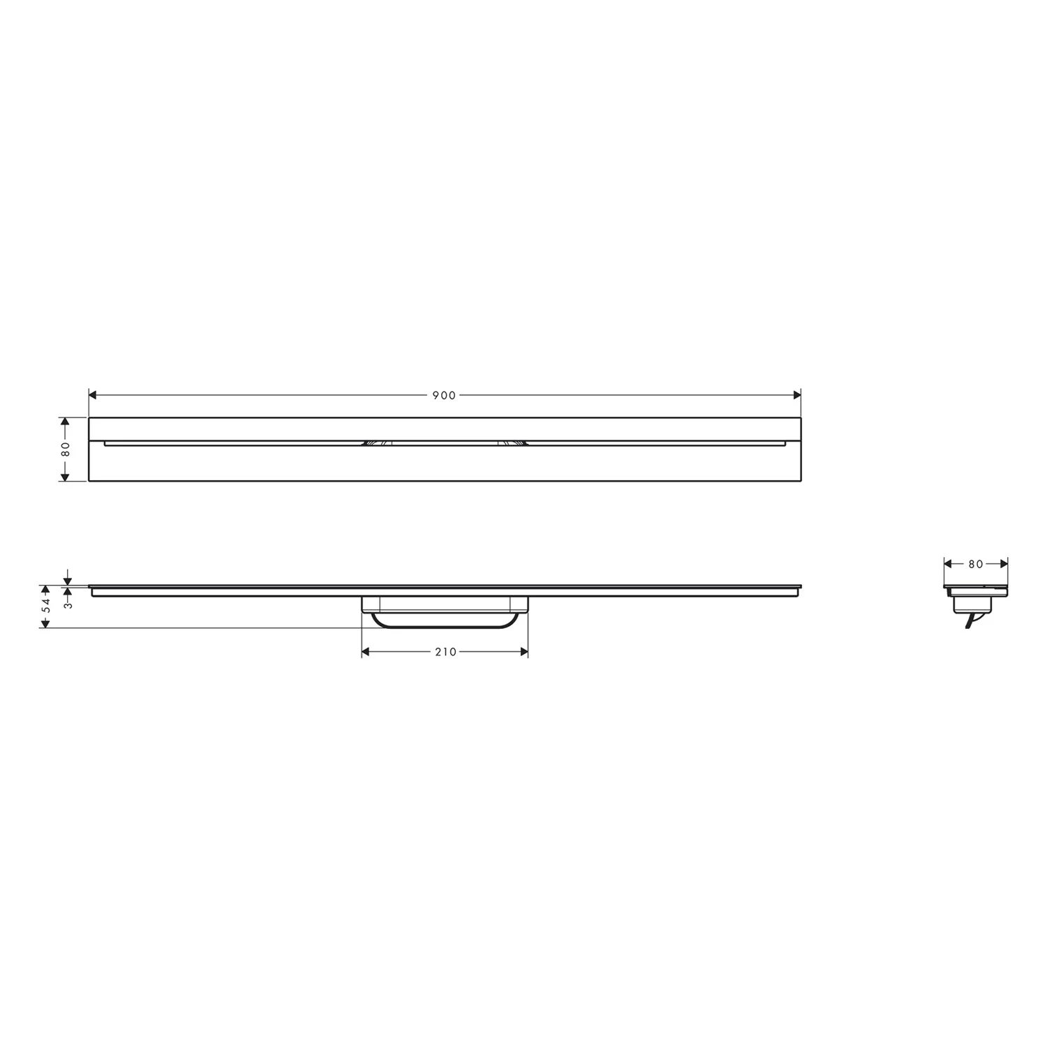 Rysunek techniczny odpływu prysznicowego 90 cm, hansgrohe