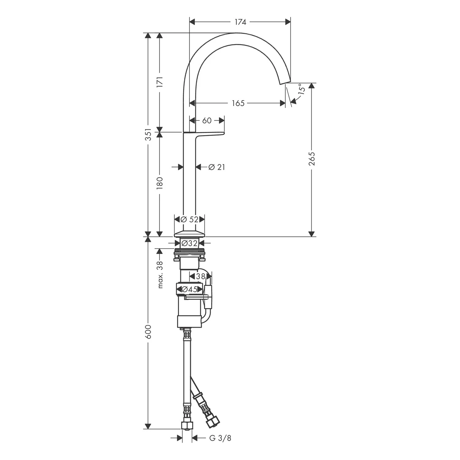 AXOR One Waschtischmischer Select 260 für Waschschüsseln mit Push-Open Ablaufgarnitur Bild 2