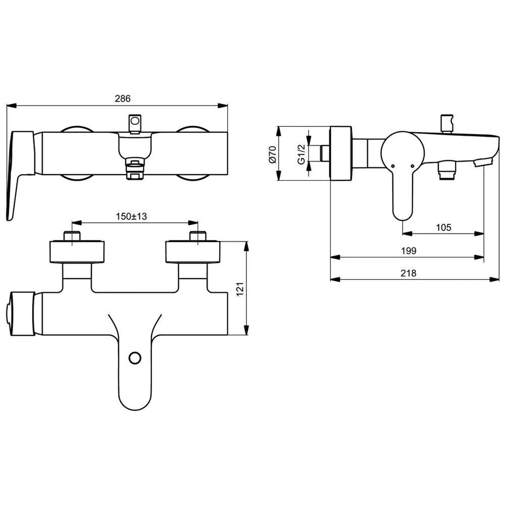 Rysunek techniczny baterii wannowej z wymiarami, Ideal Standard