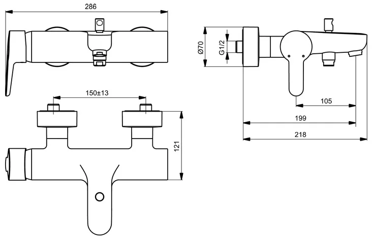 Rysunek techniczny baterii wannowej z wymiarami, Ideal Standard