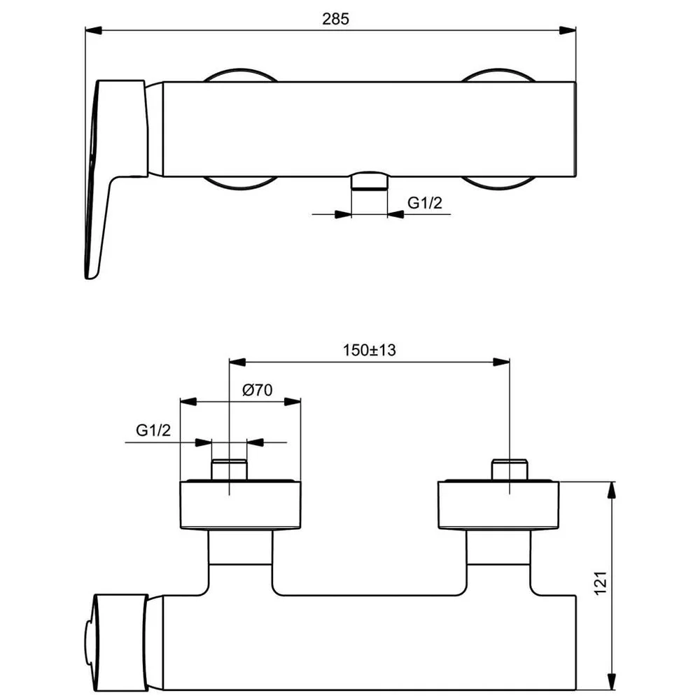 Rysunek techniczny baterii prysznicowej z wymiarami, Ideal Standard