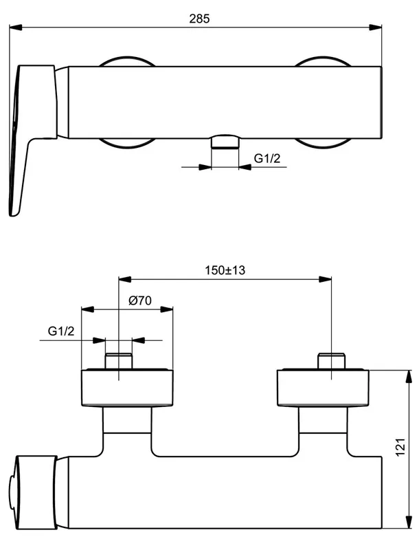 Rysunek techniczny baterii prysznicowej z wymiarami, Ideal Standard