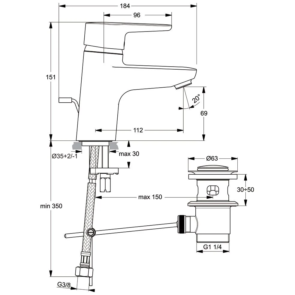 Rysunek techniczny baterii z wymiarami, Ideal Standard