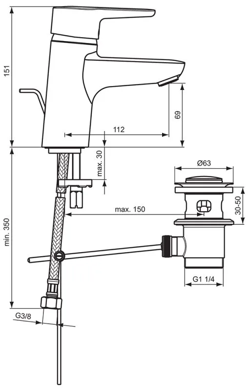 Rysunek techniczny baterii umywalkowej z wymiarami, Ideal Standard