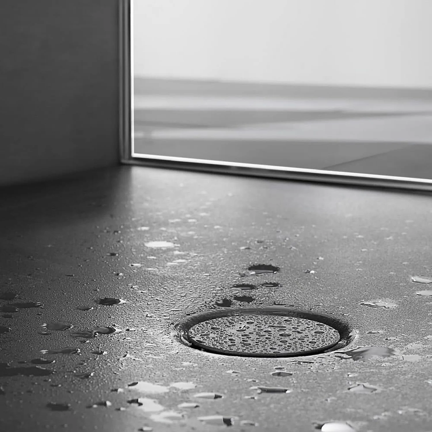 Zbliżenie mokrej brodzika prysznicowego z odpływem, Bette