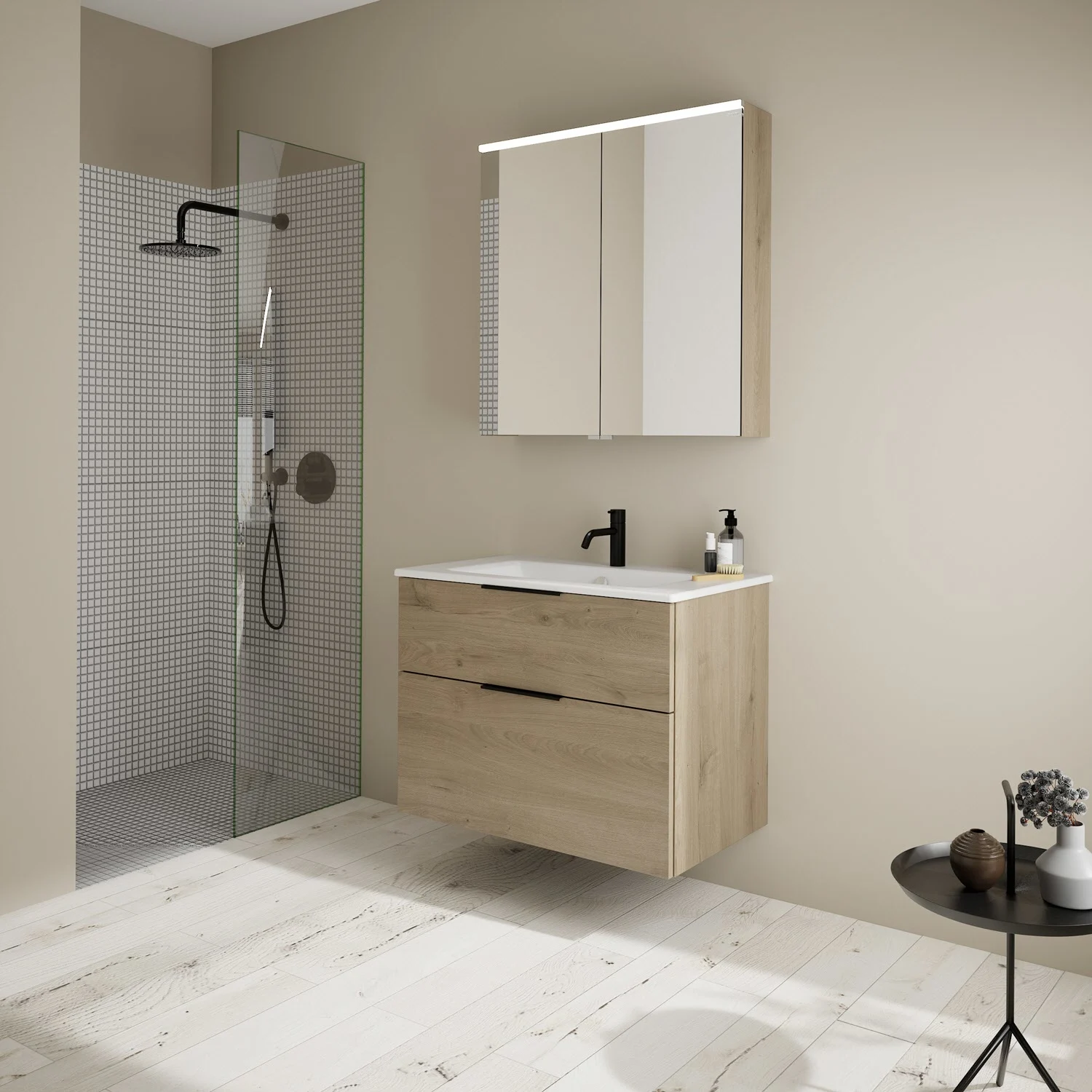 burgbad Eqio Badmöbel-Set 82 cm mit Keramik-Waschtisch Slim und Unterschrank mit Griff G0200, mit Spiegelschrank Bild 7