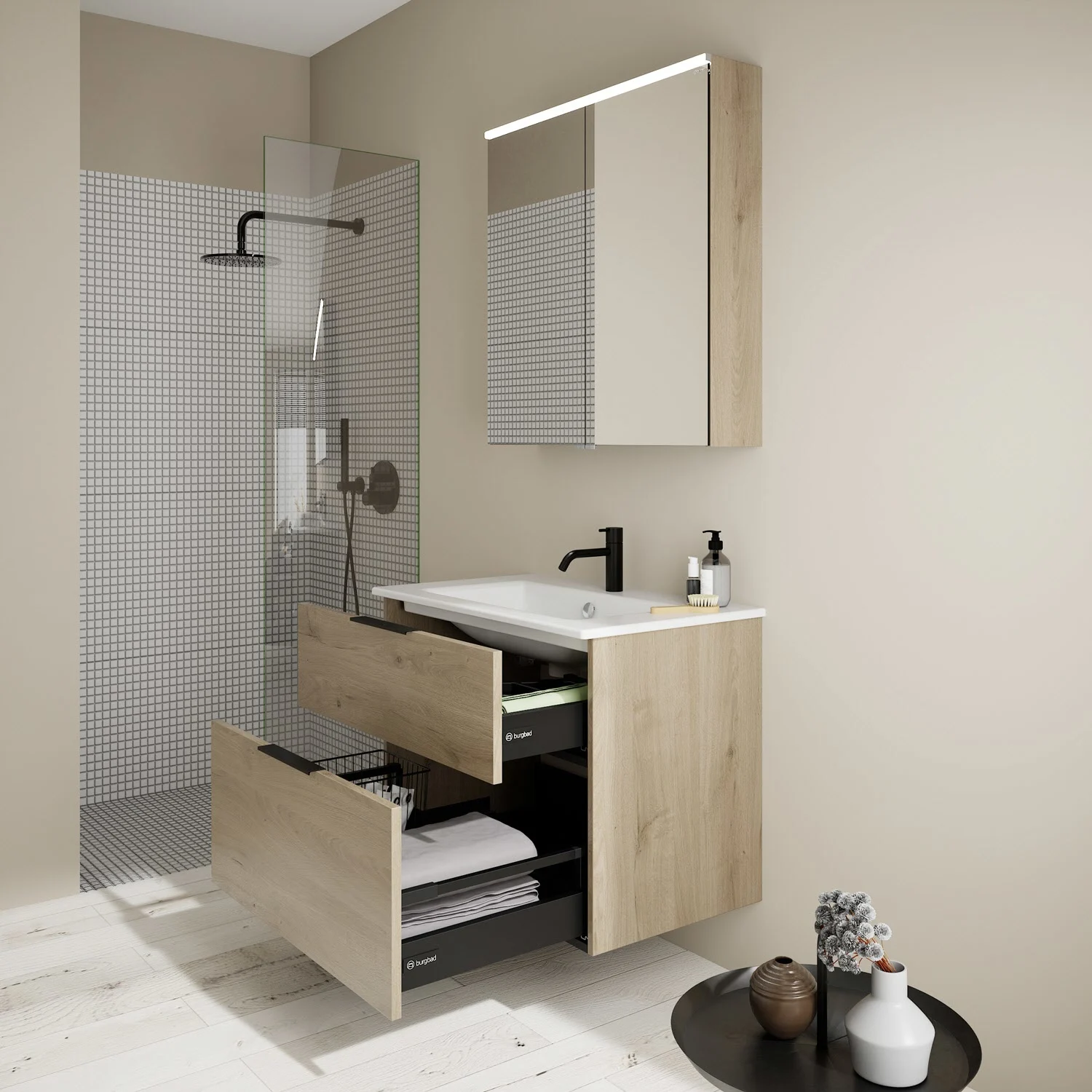 burgbad Eqio Badmöbel-Set 82 cm mit Keramik-Waschtisch Slim und Unterschrank mit Griff G0200, mit Spiegelschrank Bild 8