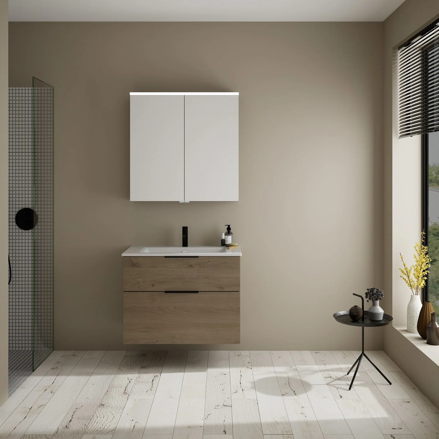 burgbad Eqio Badmöbel-Set 82 cm mit Keramik-Waschtisch Slim und Unterschrank mit Griff G0200, mit Spiegelschrank Bild 9