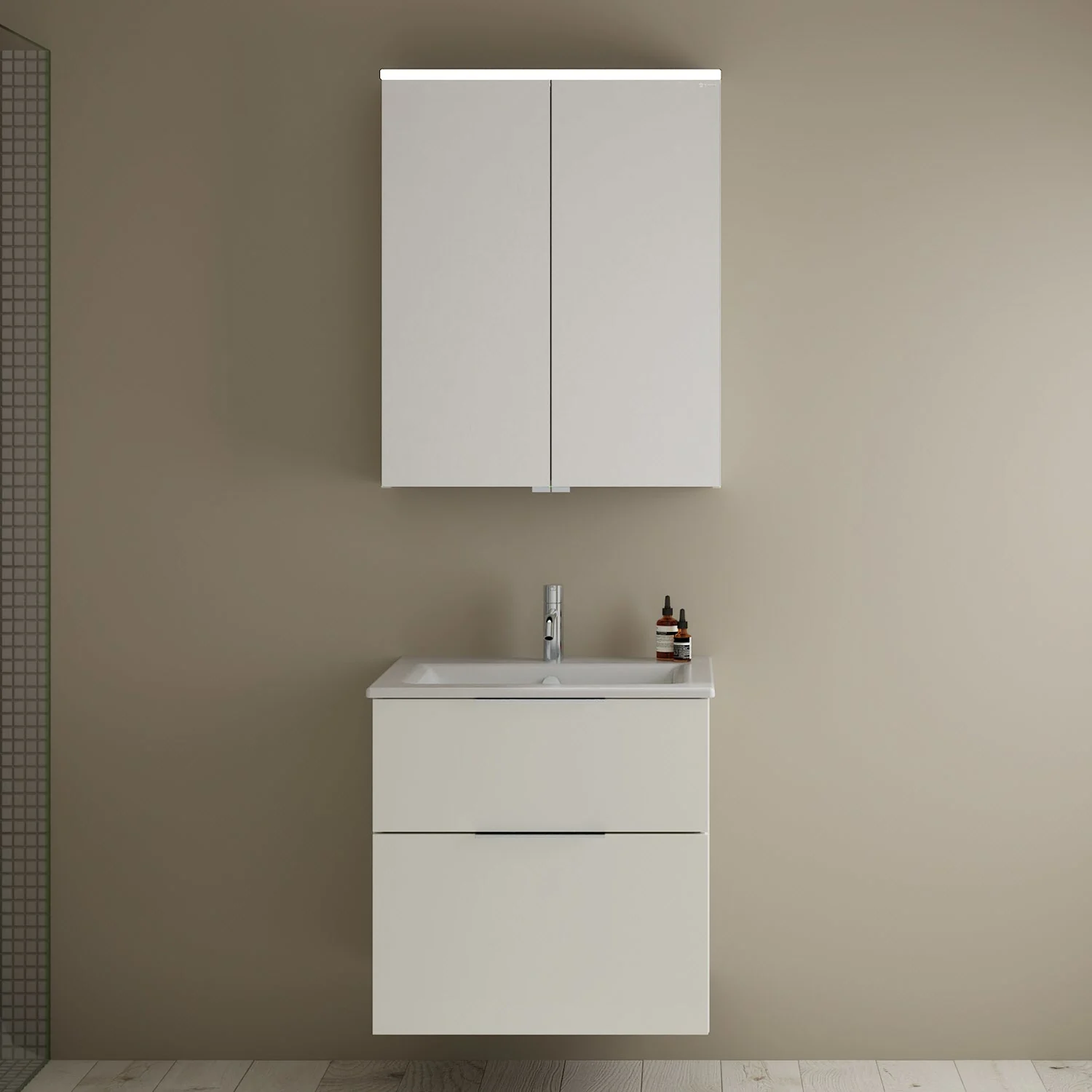 burgbad Eqio Badmöbel-Set 65 cm mit Keramik-Waschtisch Slim und Unterschrank mit Griff G0146, mit Spiegelschrank