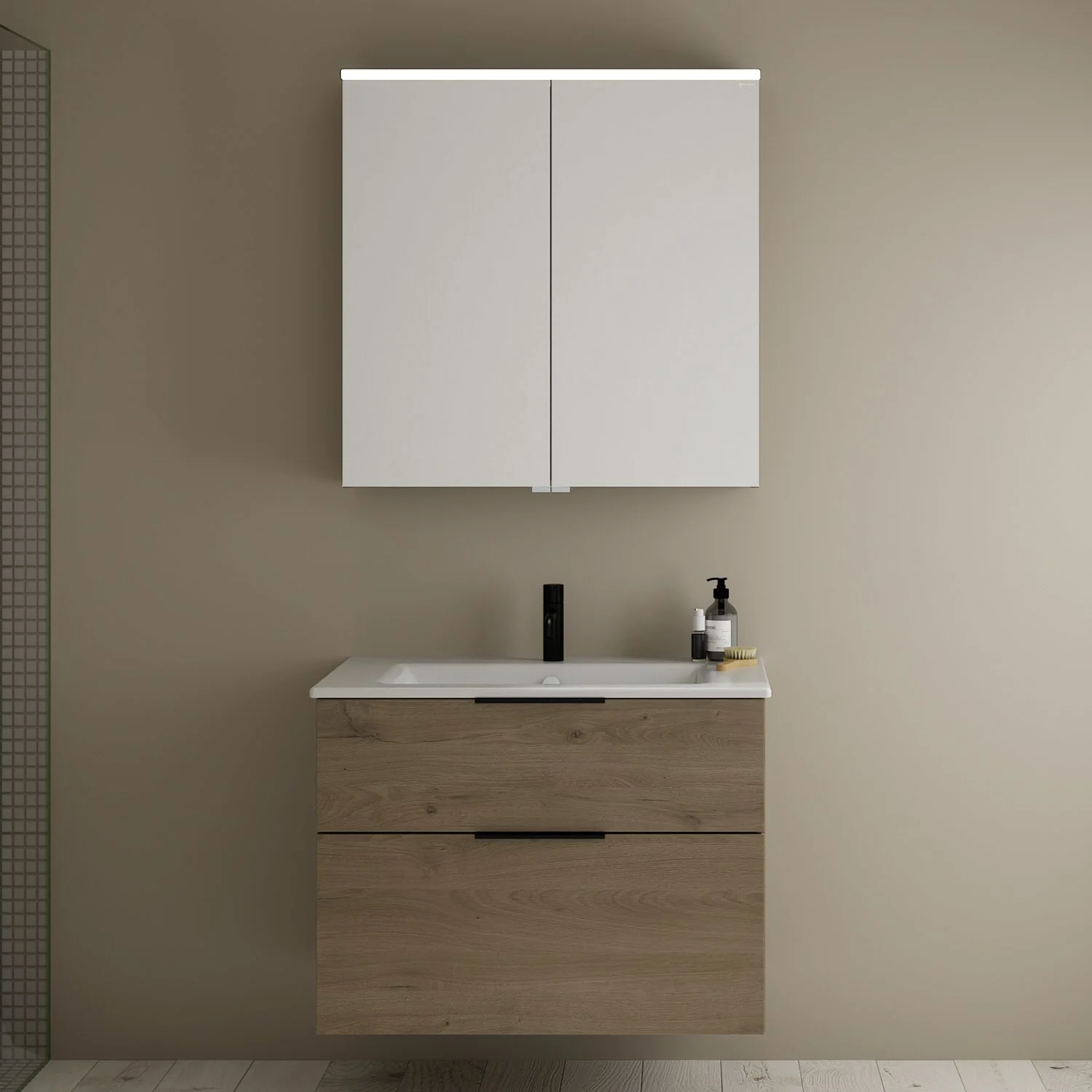 burgbad Eqio Badmöbel-Set 82 cm mit Keramik-Waschtisch Slim und Unterschrank mit Griff G0200, mit Spiegelschrank