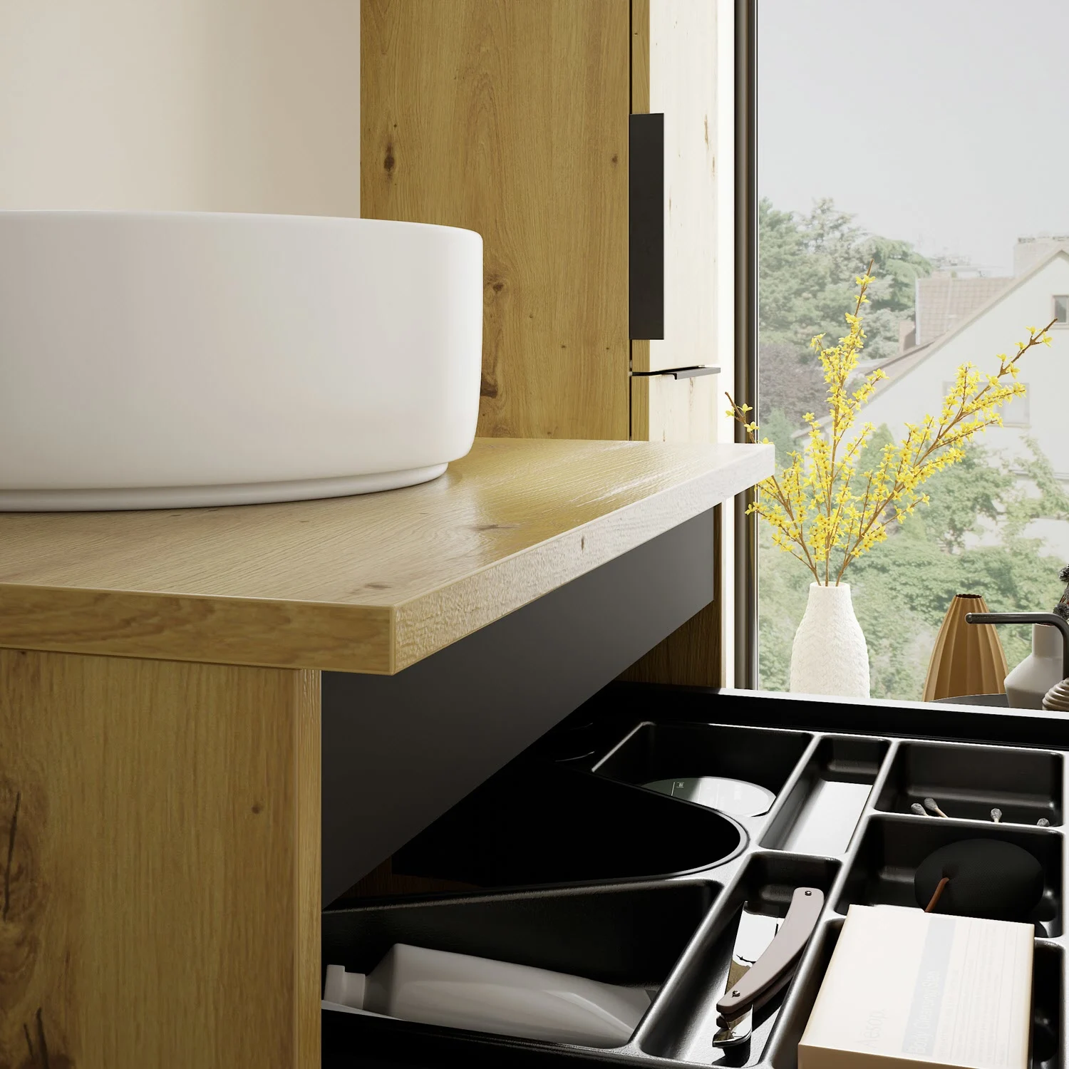 Umywalka z ceramiczną misą i szufladą zbliżenie, Burgbad