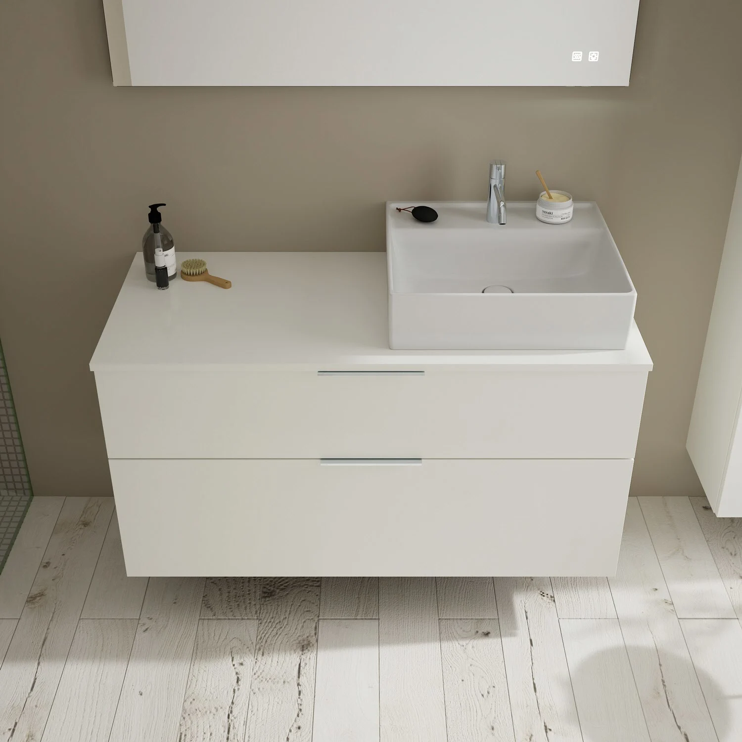 Biała kombinacja umywalkowa ze srebrną baterią w łazience, Burgbad