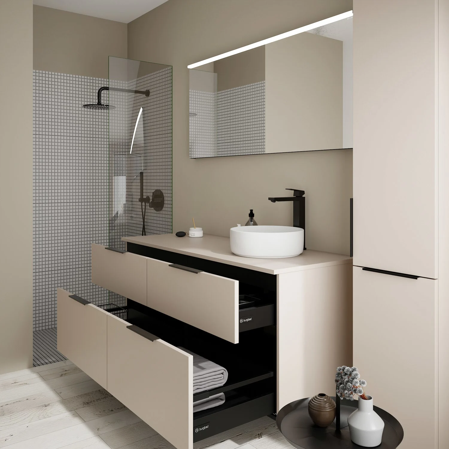 Łazienka z beżową szafką i ceramiczną umywalką, Burgbad
