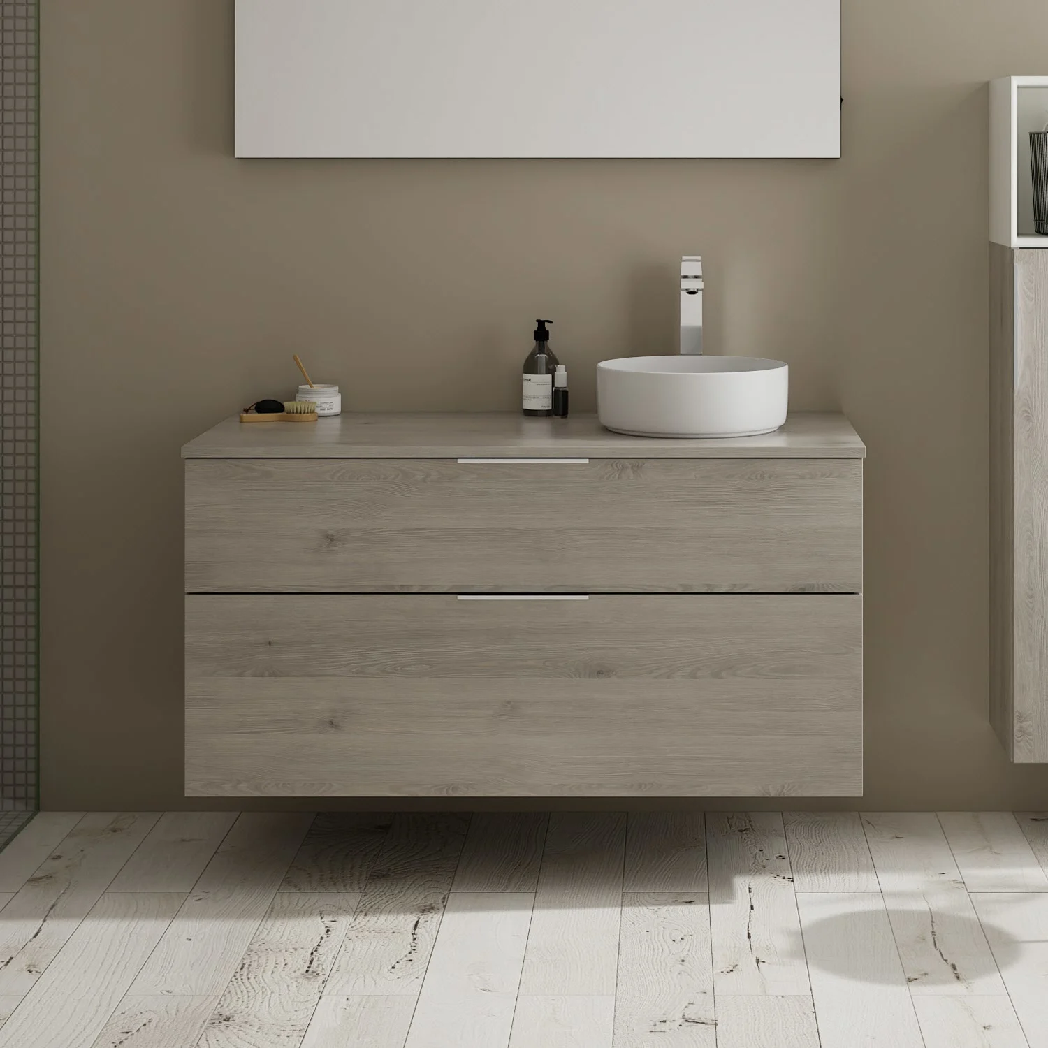 Szara umywalka ze srebrną baterią w łazience, Burgbad