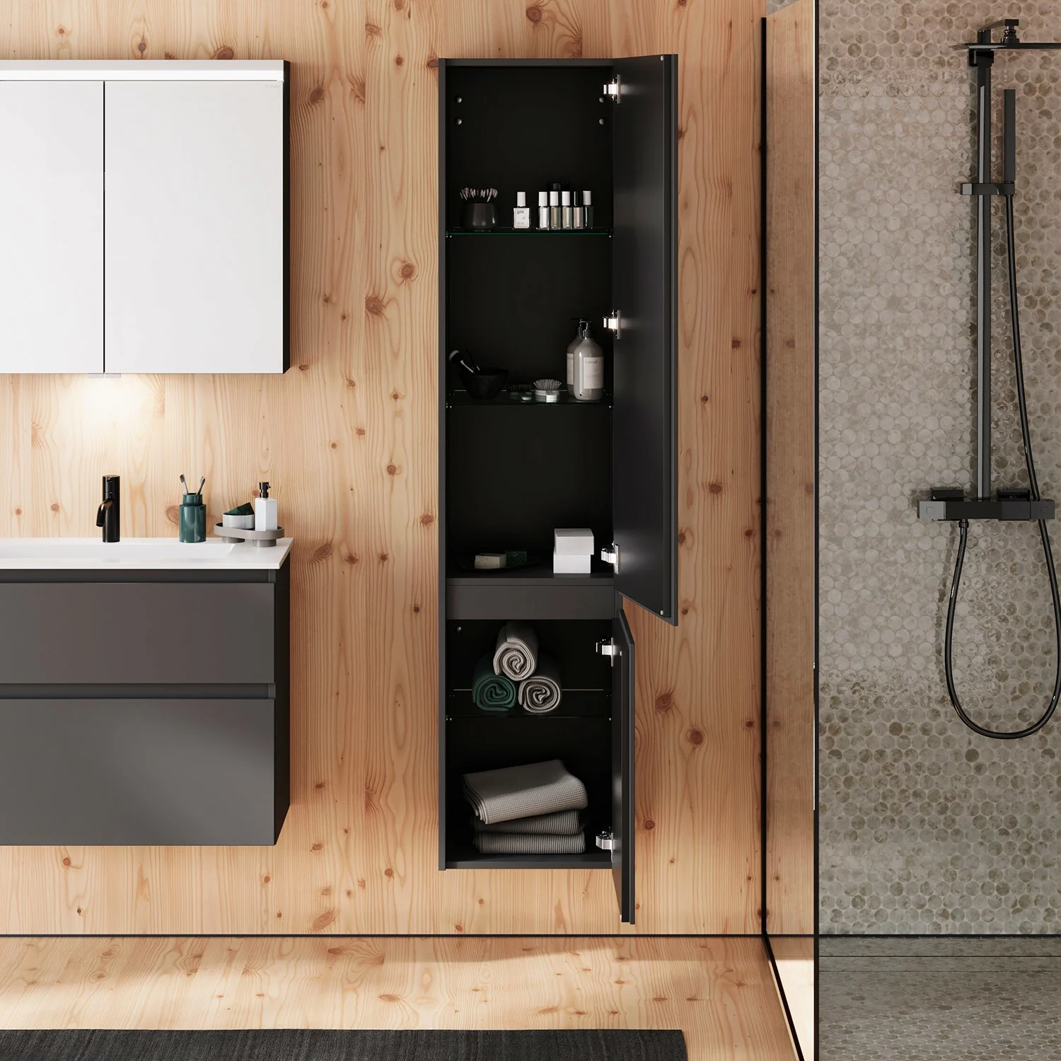 Otwarta wysoka szafka w nowoczesnej łazience, Burgbad