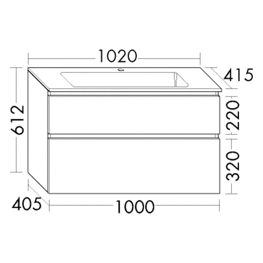 Rysunek techniczny szafki umywalkowej z wymiarami, Burgbad