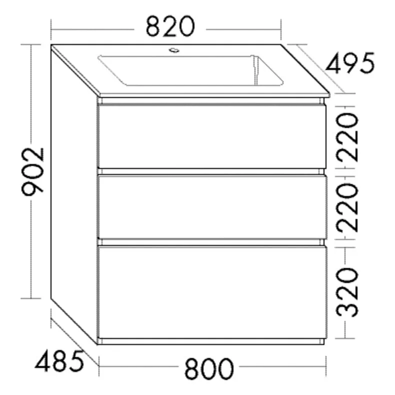 Rysunek techniczny szafki umywalkowej z wymiarami, Burgbad