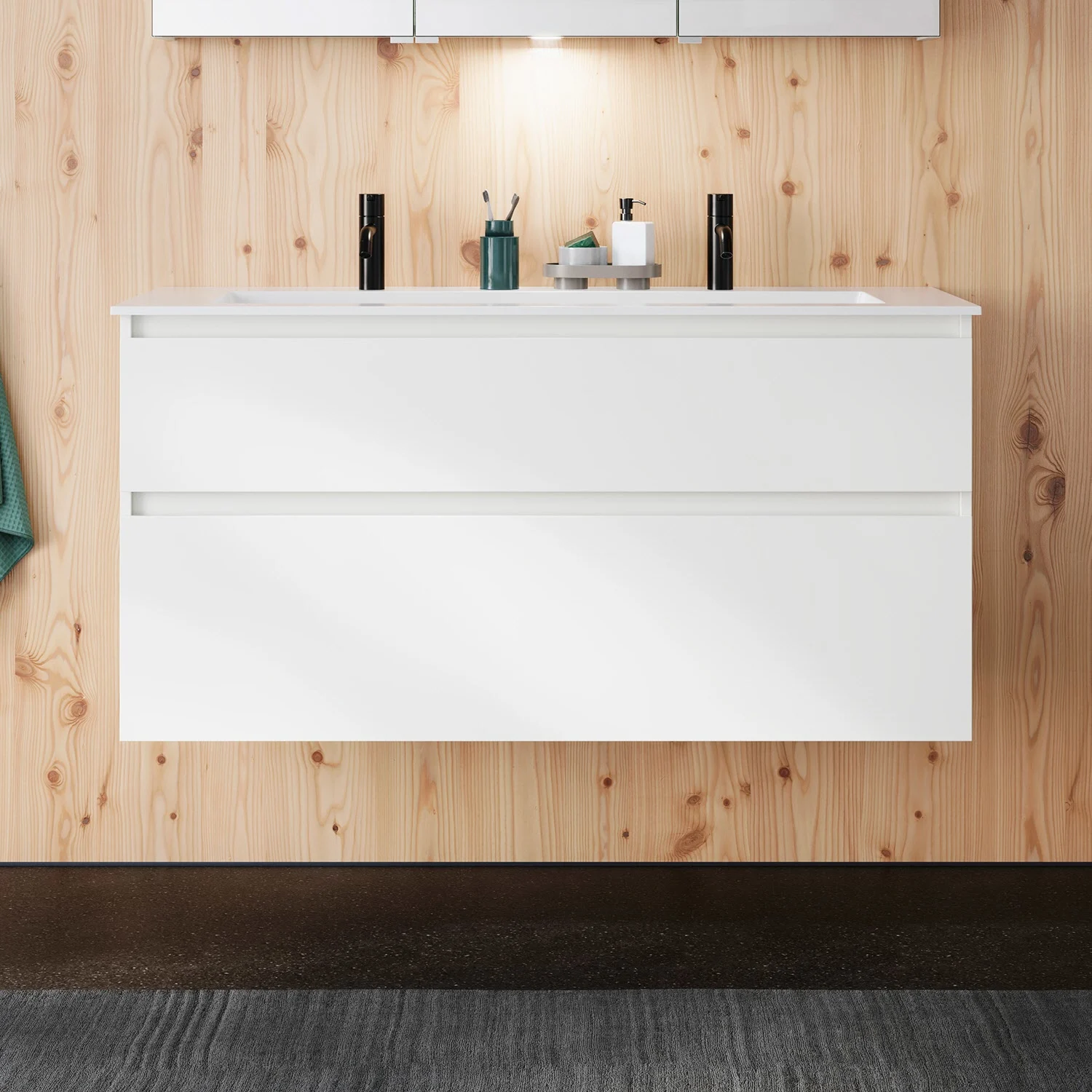 burgbad Lin20 Waschtischunterschrank mit Mineralguss-Waschtisch 122 cm, 2 Auszüge