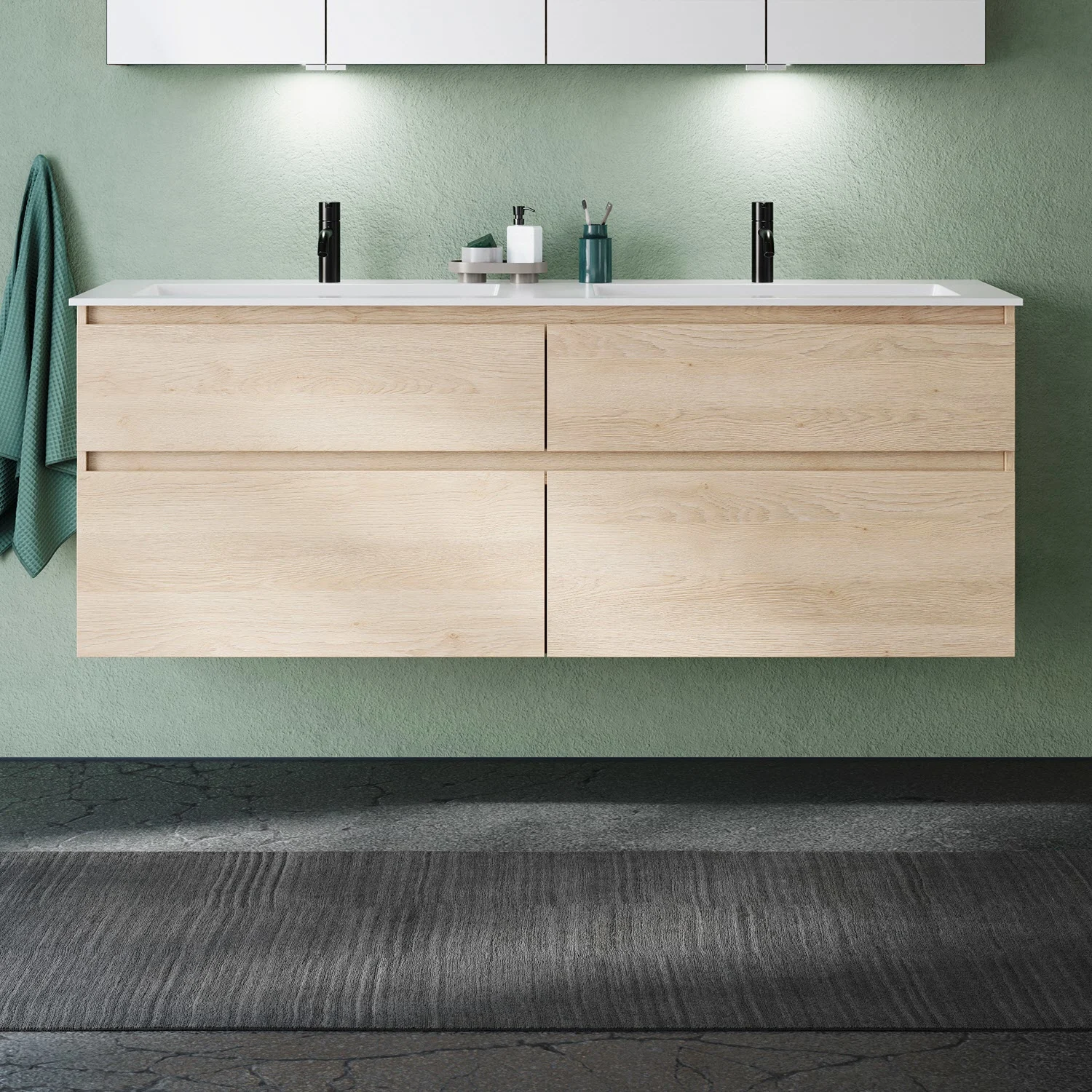 burgbad Lin20 Waschtischunterschrank mit Mineralguss-Doppelwaschtisch 162 cm, 4 Auszüge, links und rechts