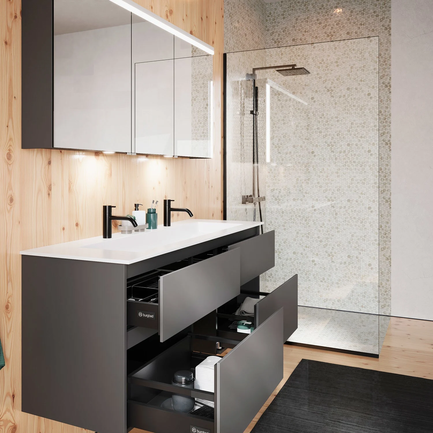 burgbad Lin20 Waschtischunterschrank mit Mineralguss-Waschtisch 142 cm, 4 Auszüge Bild 9