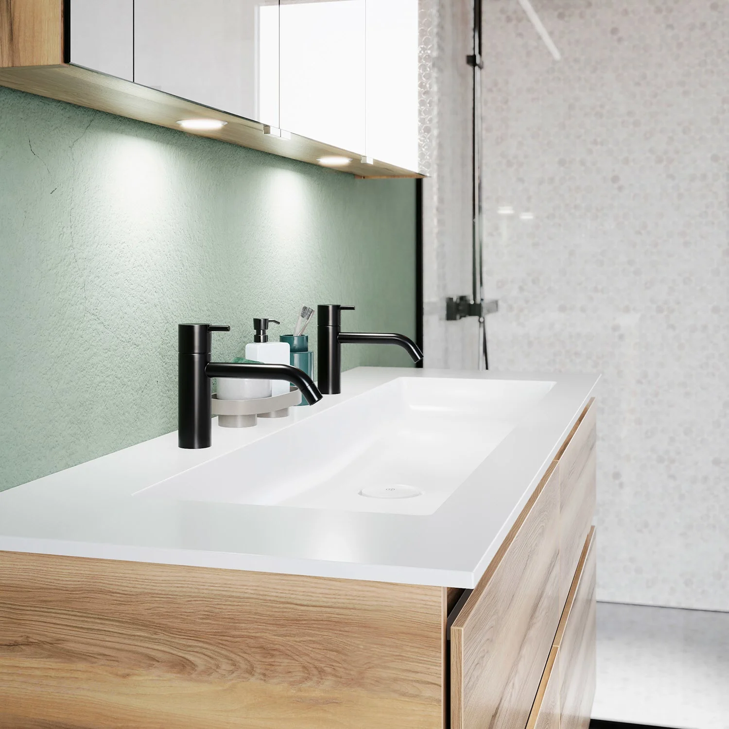 Umywalka z czarną baterią w łazience, Burgbad