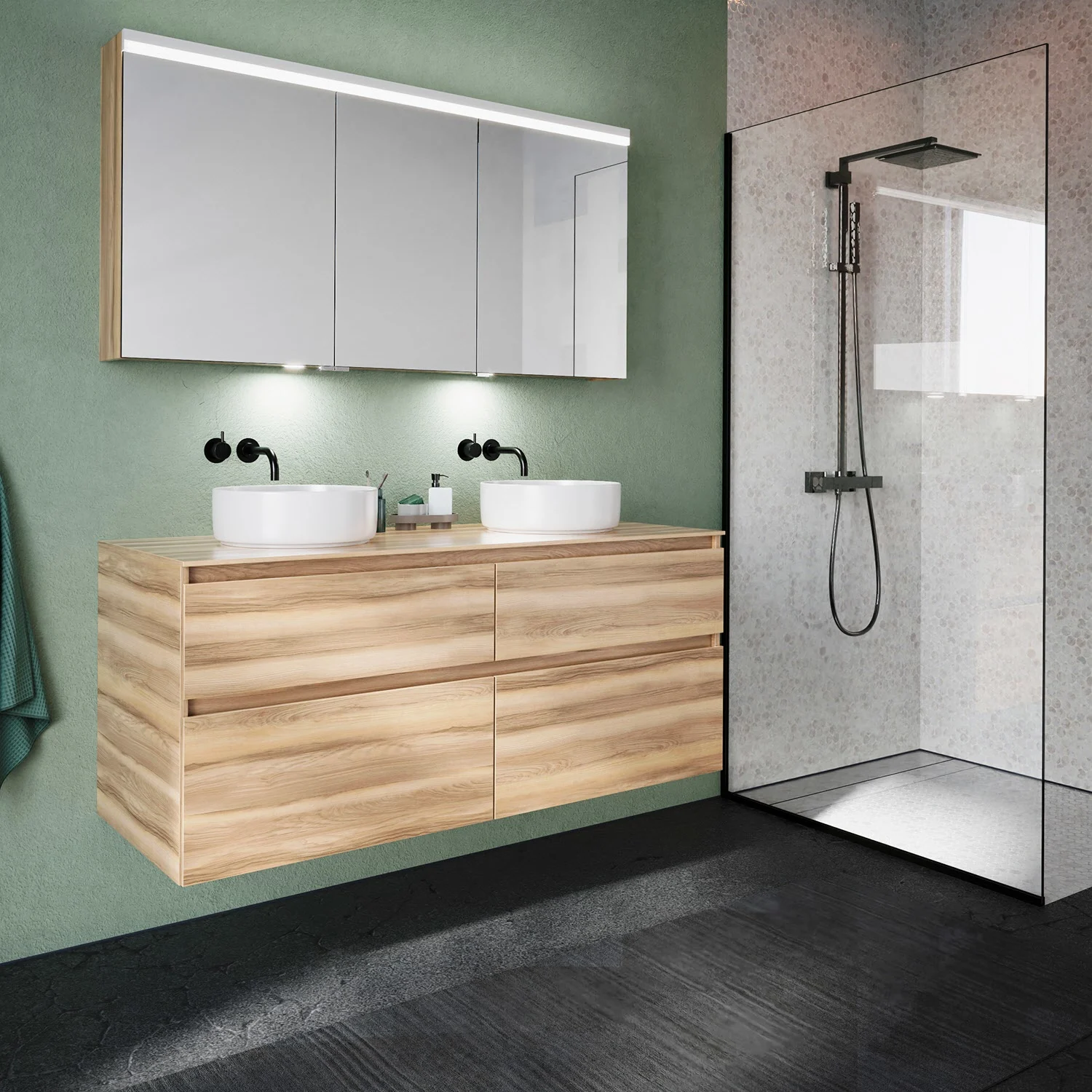 burgbad Lin20 Waschtischunterschrank mit Konsolenplatte 140 cm, 4 Auszüge, Beckenausschnitt links und rechts Bild 12